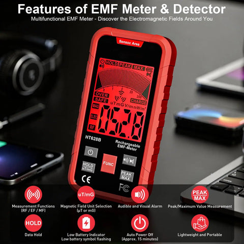 3-In-1 EMF Meter Portable RF EF MF Detector For Home And Office, red handheld rechargeable device on desk