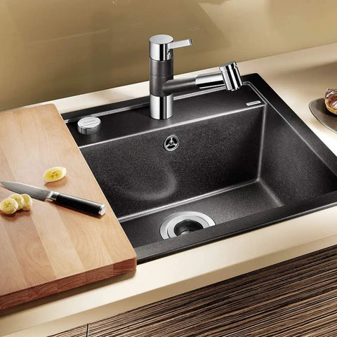 Kitchen sink with installed EZ Mount Garbage Disposal Sink Flange Kit With Splash Guard For Waste King, stainless steel, 4.5 inch diameter