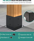 3 Way Right Angle Pergola Brackets Post Base for 4x4 Wood Beams and Decks, Sturdy Metal Construction, Easy Install shown with hardware