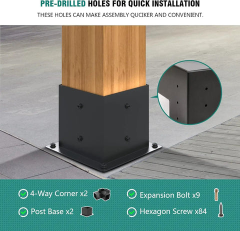3 Way Right Angle Pergola Brackets Post Base for 4x4 Wood Beams and Decks, Sturdy Metal Construction, Easy Install shown with hardware