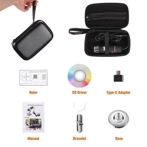 Handheld Digital Microscope 40X To 1000X With 8 LED Endoscope Camera Carrying Case And Solid Metal Stand Compatible With Android Windows 7 8 10 11 Linux Mac Not For iPhone iPad Great For Tiny Details And Gearheads, carrying case and accessories