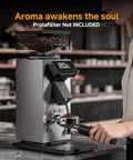 Commercial Grade 64mm Flat Burr Coffee Grinder Hella Precise With 90 Adjustments For Espresso Pour Over French Press Anti Static Dc Motor Led Timer Stainless Steel Body grinding coffee into portafilter.