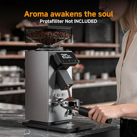 Commercial Grade 64mm Flat Burr Coffee Grinder Hella Precise With 90 Adjustments For Espresso Pour Over French Press Anti Static Dc Motor Led Timer Stainless Steel Body grinding coffee into portafilter.