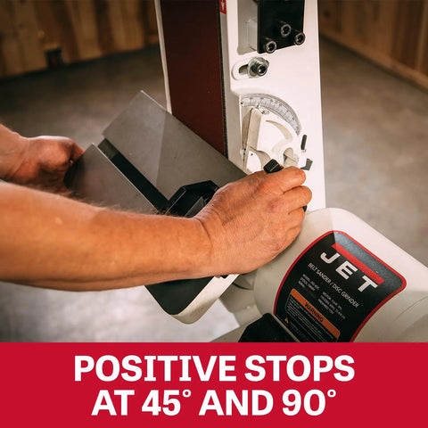 Hand adjusting positive stops on Heavy Duty 6 By 48 Inch Belt And 12 Inch Disc Sander With Closed Stand One Point Five Horsepower.