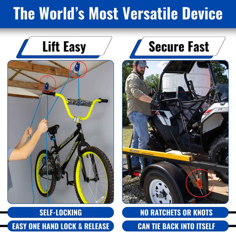 Heavy Duty 3/8 Inch Weather Resistant Rope Tightening Tie Down System With 15 Foot Orange Rope lifting bike and securing ATV
