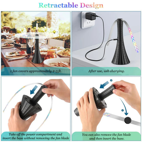 Rechargeable Table Fly Fans Keep Flies Away With Soft Blades for food prep, USB charging, adjustable size, black