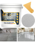Epic High Gloss Colored Epoxy Garage Floor Paint Kit With Durable Concrete Sealer For Marble Texture Finish, paint bucket, samples of coating on floors.