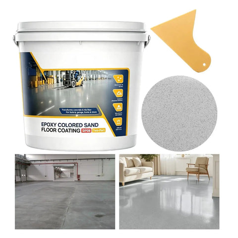 Epic High Gloss Colored Epoxy Garage Floor Paint Kit With Durable Concrete Sealer For Marble Texture Finish, paint bucket, samples of coating on floors.