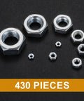Assorted Stainless Steel Hex Nuts Kit With 430 Pieces, Coarse Thread Nut Set For Bolts, Metric M2 To M12 displayed on black background.