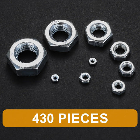 Assorted Stainless Steel Hex Nuts Kit With 430 Pieces, Coarse Thread Nut Set For Bolts, Metric M2 To M12 displayed on black background.
