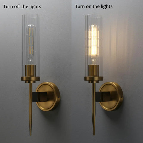 Vintage Brass Gold Wall Sconce Light Fixture With 2.8 Inch Cylindrical Clear Glass Shade For Living Room Home Office And Entryway, E26 Base Compatible, Dimmable With Dimmer Or Remote