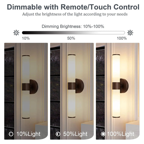 8000mAh Walnut Battery Operated Wall Sconces Set of 2, Dimmable Rechargeable Wall Sconce brightness levels displayed.