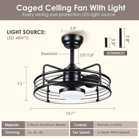 Caged Ceiling Fan With Lights In Black, Outdoor Ceiling Fan With Remote, Reversible 8 ABS Blades, indoor outdoor fixture diagram