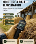 Moisture Meter With 20 Inch Probe For Hay Bales, Round And Square Bale Moisture And Temperature Checker With Fast Backlit Readings, Calibration Clip Included, Black Handle in gloved hand