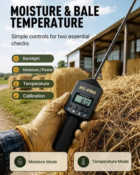 Moisture Meter With 20 Inch Probe For Hay Bales, Round And Square Bale Moisture And Temperature Checker With Fast Backlit Readings, Calibration Clip Included, Black Handle in gloved hand