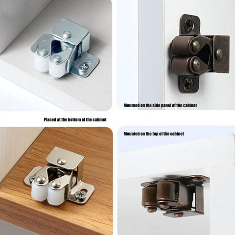 Heavy Duty Double Roller Cabinet Door Catches For Wardrobe And Cupboard Smooth Glide Metal Hardware shown from various angles and placements.