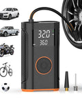 Portable Tire Inflator Air Compressor 160 PSI with Memory Function and Tire Pressure Gauge next to car tire and accessories