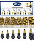 Heavy Duty Carbon Steel Rivet Nut Tool Set With 77 Pieces Featuring M3 To M12 Mandrels And Flat Head Rivnuts, Perfect For Any Serious Handyman Tearing Into Metal Projects Around The Shop Or Garage. 66-piece carbon steel rivet nut kit with M3-M10 inserts and mandrels, organized in tray