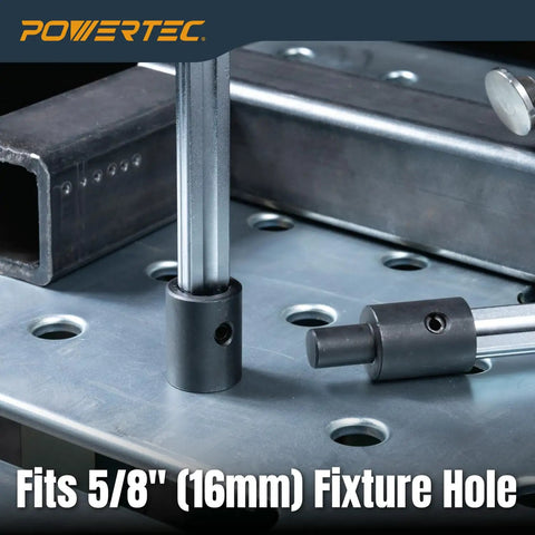 2 Pack T-Handle Welding Clamps Set With 8 Inch Opening And 4 Inch Throat Heavy-Duty Bench Clamps For Five-Eighths Inch Welding Table Holes Delivers Up To 400 Lbs Clamping Force on a metal table illustrating fit in 5/8 inch holes.
