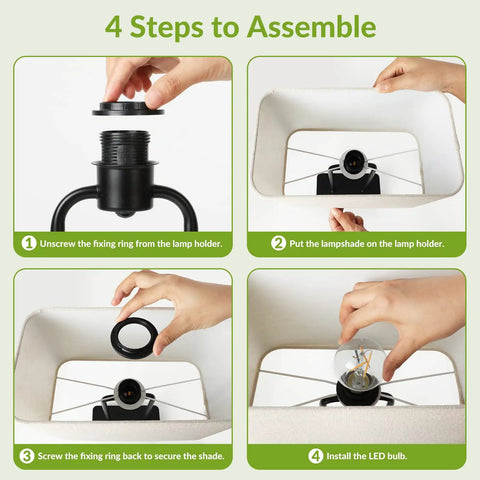 Assembly steps for Must Have Set Of 2 Modern Table Lamps With USB Ports And AC Outlet, showing fixing ring and LED installation.