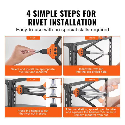 Infographic of 4 steps for using 16 Inch Rivet Nut Tool Kit with 13 Mandrels and 186 Rivet Nuts in Metric and SAE Sizes
