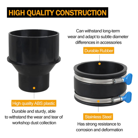 4 Inch To Two And A Half Inch Dust Collection Hose Reducer with Flexible 4 Inch Cuff and Dust Control, Stainless Steel Clamps