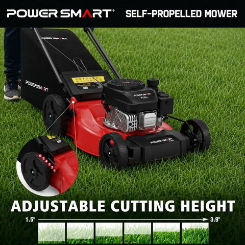 Gas Self Propelled Lawn Mower For Hills And Medium Yards, A Yard Workhorse With 170cc OHV Engine, 3 In 1 Mulching Bagging Discharge, 6 Position Height, Alloy Deck, Easy Start, Rear Wheel Drive, red 21-inch mower adjusting height