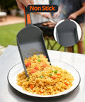 Four Piece Non Stick Griddle Kit For Blackstone Griddles Includes Large Spatula Long Spatula Griddle Scoop And Tong Tailgate Ready Barbecue Gear For Backyard Hibachi And Camp Chef Compatible showing a griddle scoop serving rice outdoors.