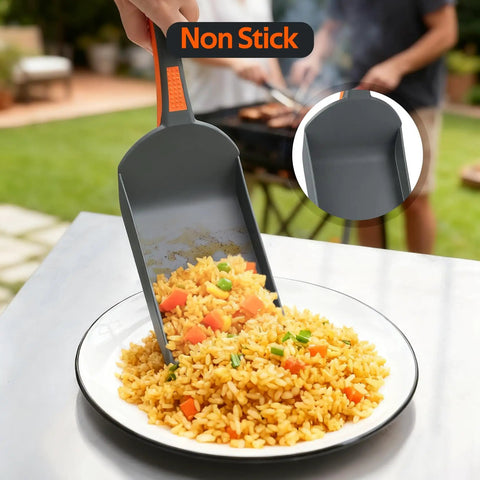 Four Piece Non Stick Griddle Kit For Blackstone Griddles Includes Large Spatula Long Spatula Griddle Scoop And Tong Tailgate Ready Barbecue Gear For Backyard Hibachi And Camp Chef Compatible showing a griddle scoop serving rice outdoors.