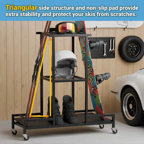 Floor Standing Ski And Snowboard Rack With 3 Tier Shelf Holds Boots Helmets And Packs Drill Free Mount No Sweat Setup Keeps Your Entire Winter Shred Collection Organized