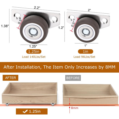Close-up of 1.25in brown side-mount caster wheel with metal mounting plate; set of 4