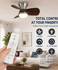 MADISH Walnut 21.7 Inch Flush Mount Ceiling Fan with Lights and Remote shown with remote control in living room.
