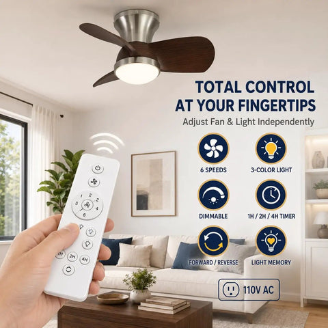 MADISH Walnut 21.7 Inch Flush Mount Ceiling Fan with Lights and Remote shown with remote control in living room.