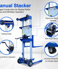 Manual Material Lift Winch Stacker With Adjustable Height From Three Point Five Four Inches To Seventy Inches 500 Pound Capacity