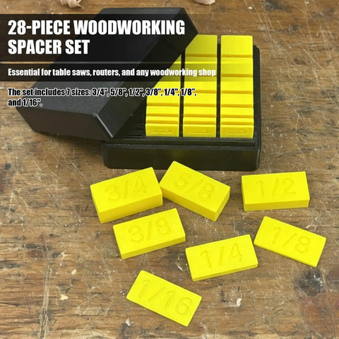 Pro Level 28 Piece Woodworking Setup Blocks With Precision Spacer Gauges For Table Saws And Routers, yellow gauge set in storage crate.