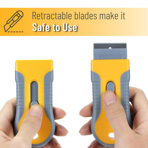 Two Pack Razor Blade Scraper Tool Set With 30 Extra Carbon Steel Blades, Anti Slip Ergonomic Handle shown in action