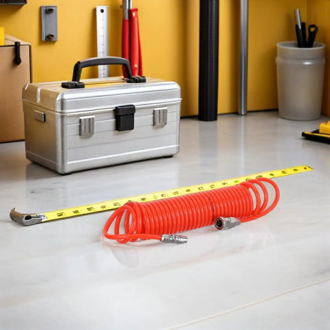 Premium Heavy Duty Recoil Air Hose For Air Compressor Killer Leak Proof System With Strong Quick Attach Connectors Built To Be Real Tough For Serious Daily Use In Auto Shops Or Home Garage Spaces Flows Great For Paint Guns Nailers With Zero Woes orange coiled hose with metal connectors