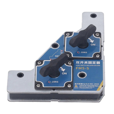 Heavy Duty Welding Magnet Set 2 Pcs Durable Stainless Steel Fixture For Accurate 90 Degree Positioning Of Steel Plates With Massive Grip Power To Nail Your Projects, showing dual-switch design and 28kg capacity.