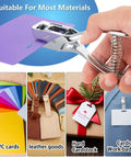 Handheld heavy-duty all-metal slot punch shown punching 15mm by 3mm holes in PVC card, suitable for various materials.
