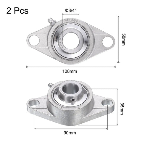 Two Pack Self Aligning Pillow Block Bearings 3/4 Inch Bore Base Mounted Chrome Steel With Stainless Housing Sealed And Built To Last Includes Key Wrench SUCFL204-12, 2 pcs