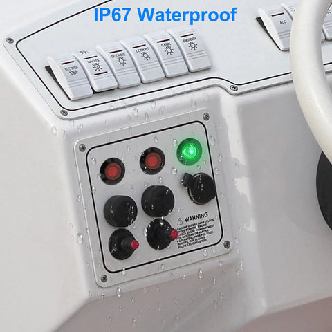 Four Pack 12mm LED Indicator Lights IP67 Waterproof Signal Lamps With 18AWG Leads Universal 5V To 125V Green and Red installed on panel