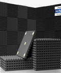 Badass Acoustic Foam Wall Panels Sound Absorbing Wedge Cut Studio Treatment Noise Dampening Home Theater Setup Vocal Booth Echo Reduction Goes Hard 56 Pack Soundproofing Pads 12X12X1 Inch stacked with wall installation