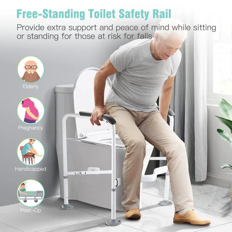 Heavy Duty Toilet Safety Rail For Elderly With Adjustable Height And Width Anti Slip Grab Bar With Non Slip Mat in use
