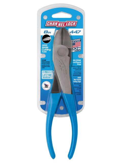 Packaged high leverage diagonal cutting pliers with curved jaw for maximum power and less strain, blue handles.