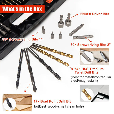 Beast 246-Piece Titanium HSS Drill Bit Set With Carry Case displaying various drill bits and components for different materials.
