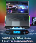 Eight Fan Gaming Laptop Cooling Pad for 15 to 17.3 Inch Notebooks With RGB Lighting Dual USB Ports Phone Stand And Six Height Adjustable Ergonomic Stand under a laptop.