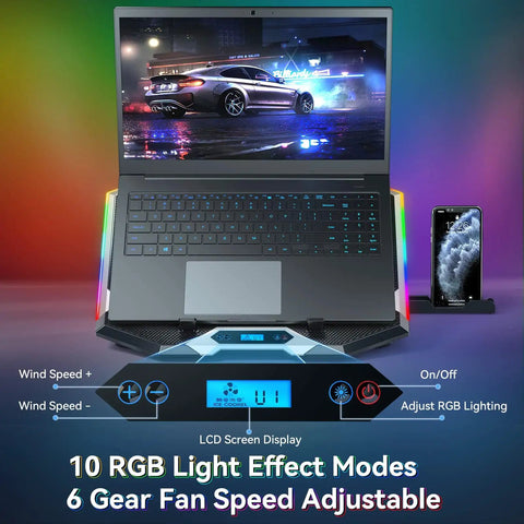 Eight Fan Gaming Laptop Cooling Pad for 15 to 17.3 Inch Notebooks With RGB Lighting Dual USB Ports Phone Stand And Six Height Adjustable Ergonomic Stand under a laptop.