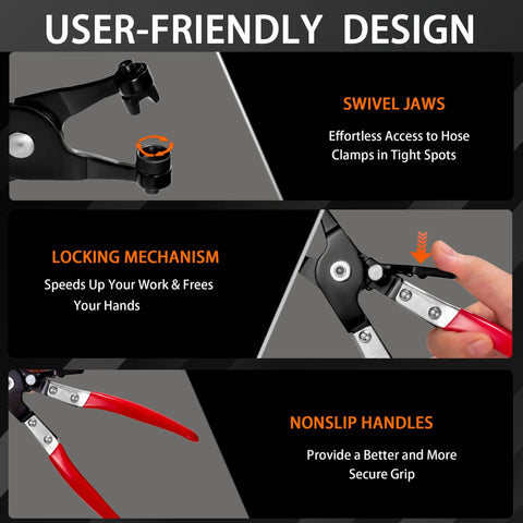 Beefy 9 Piece Hose Clamp Pliers Set With Long Reach Cabled Pliers showing swivel jaws, locking mechanism, nonslip handles