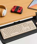 No Drama Clamp Down Keyboard Tray Slides Under Desk With Ample Mouse Space crafted for sweet spot ergonomics, featuring keyboard and mouse.