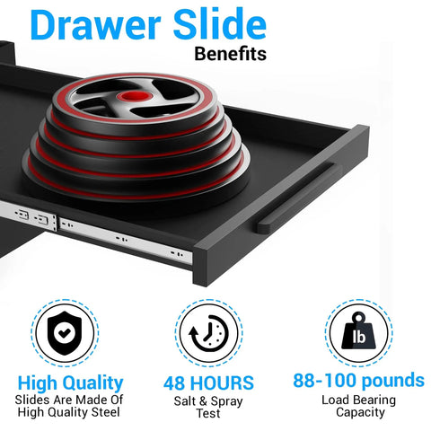 Drawer slide benefits shown with balls, high quality steel, 48 hours salt spray test, 88-100 lb capacity. Visible drawer detail.